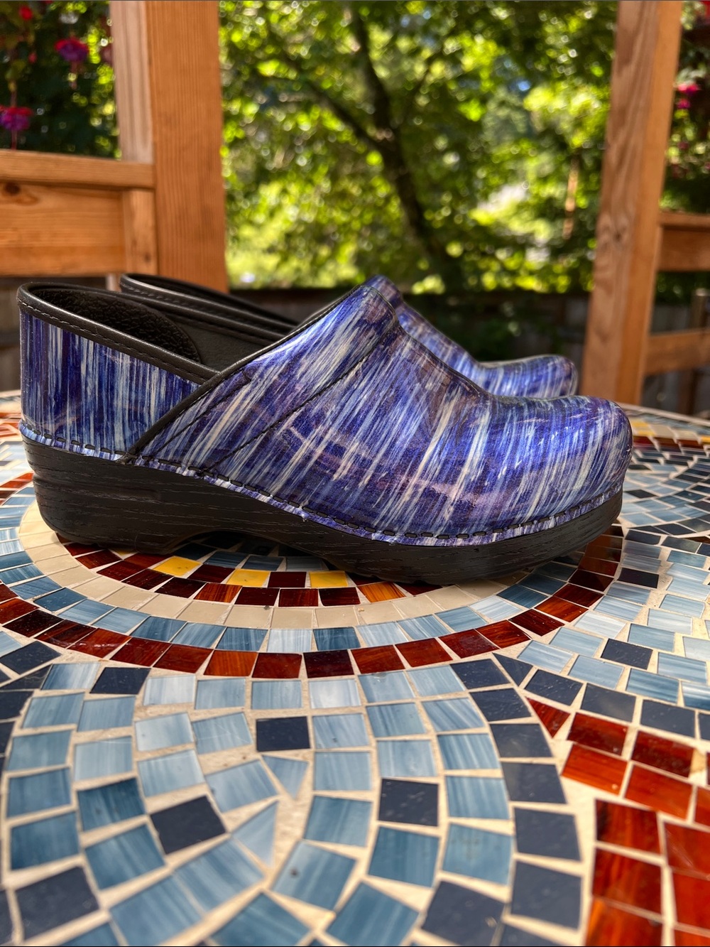 Dansko Women's Blue Swirl Patent Leather Clogs